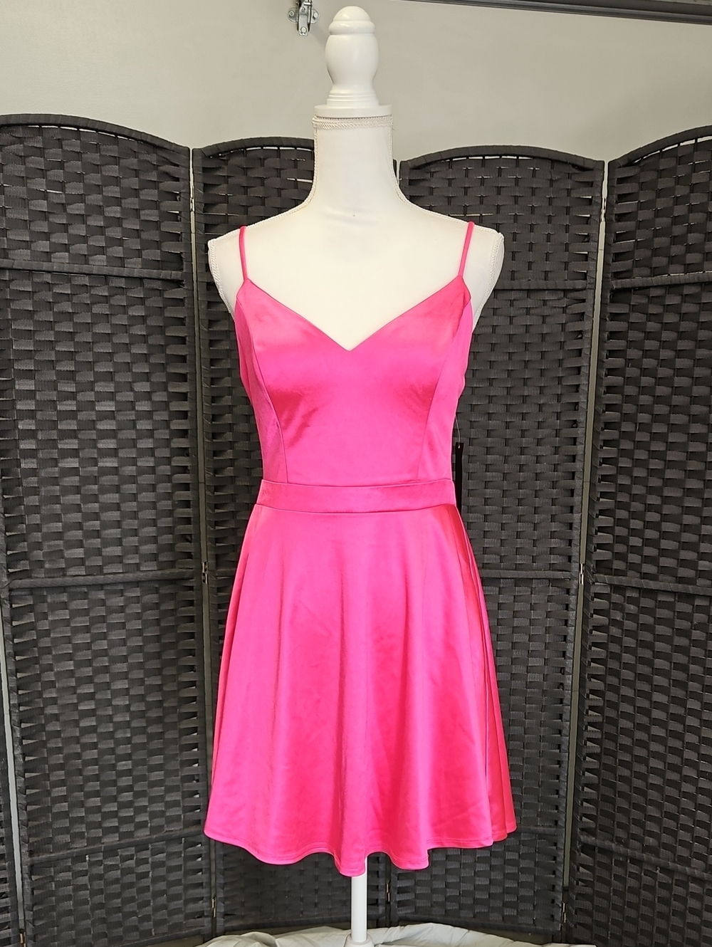 Hot Pink Satin A-Line Spaghetti Strap Dress